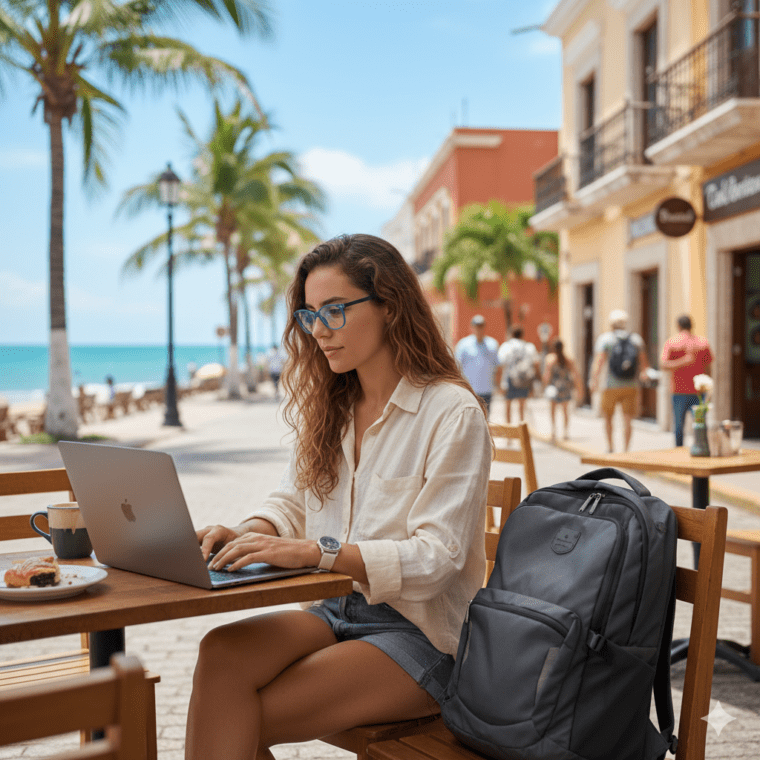 Digital nomad sitting at a cafe in Mexico